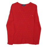 TOMMY HILFIGER Womens Red Plain Jumper V-Neck Basic Knit Size S Elegant Cotton
