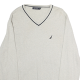 NAUTICA Mens Cream & Black Plain Cotton V-Neck Basic Knit L Sweater Lightweight