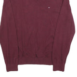 TOMMY HILFIGER Mens Maroon Plain Cotton V Neck Basic Knit Jumper L Classic Style