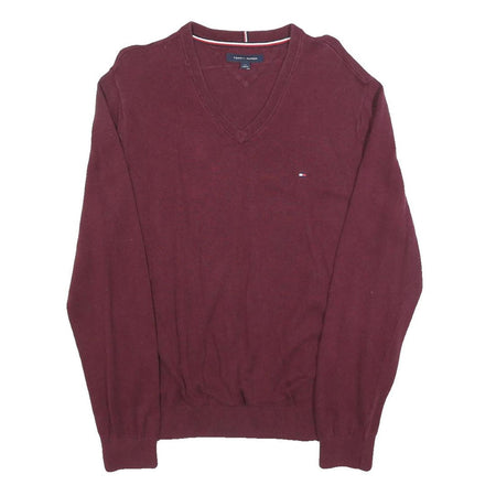 TOMMY HILFIGER Mens Maroon Plain Cotton V Neck Basic Knit Jumper L Classic Style