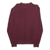 TOMMY HILFIGER Mens Maroon Plain Cotton V Neck Basic Knit Jumper L Classic Style