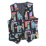Womens Black Multicoloured Abstract Print Waistcoat S Viscose Button Plain