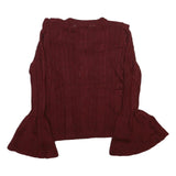 FLYING TOMATO Womens Maroon Patterned Jumper V-Neck Chunky Knit M Ruffle Collar