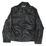 WILSON LEATHER Mens Black Leather Jacket L Woven Zip Closure Classic Stylish