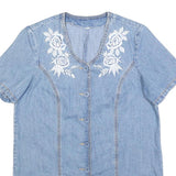 Womens Blue Denim Plain Top Short Sleeve V Neck Button Front L