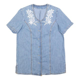 Womens Blue Denim Plain Top Short Sleeve V Neck Button Front L