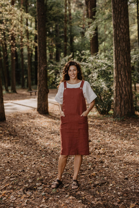 Jade linen apron dress in Terracotta