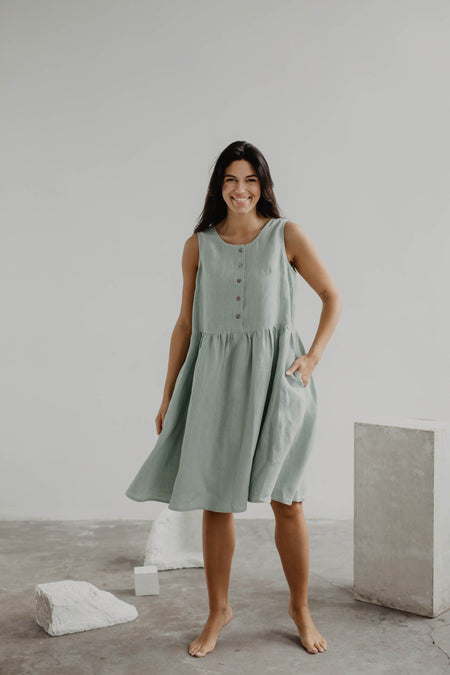 Hazel linen sleeveless summer dress in Sage Green