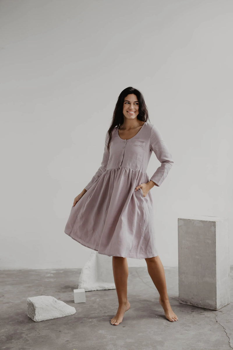 Woman Posing In Pink Mid-Length Linen Dress By AmourLInen