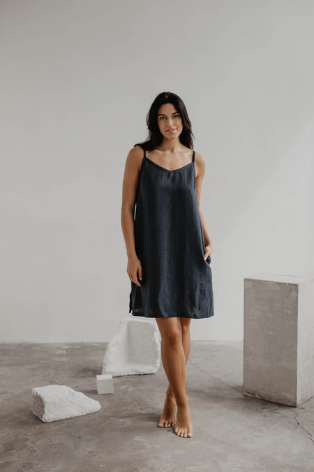 Zoe linen slip dress in Charcoal