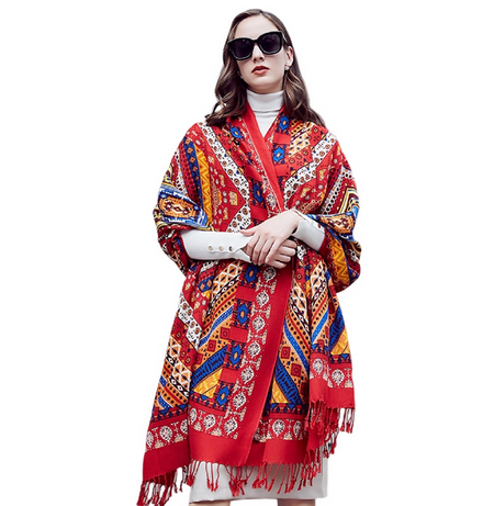 Anyyou 100% Merino Wool Native And Red Patterned Silk Satin Large Winter Scarf Pashmina Shawl Bandana Perfect For Women Ladies Fashion Style