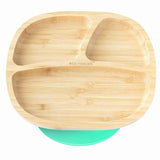 Product photo of a Bamboo plate with three sections and a green suction ring  base.