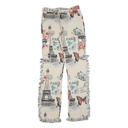 Womens Cotton Cream Floral Paris Print Regular Straight Trousers W30 L33 Fringed