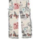 Womens Cotton Cream Floral Paris Print Regular Straight Trousers W30 L33 Fringed