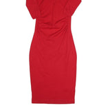 Womens Red Bodycon Cotton Blend Midi Dress S V Neck Ruched Sides Casual