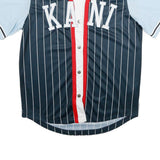 KARL KANI Mens Blue & Navy Button Front Pinstripe Jersey M Short Sleeve V-Neck