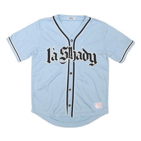 LA SHADY Mens Blue Baseball T-Shirt M Short Sleeve V-Neck Button Front Jersey