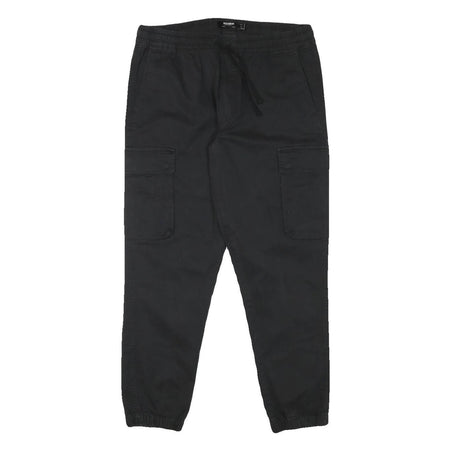 PULL & BEAR Mens Cotton Blend Black Relaxed Drawstring Cargo Trousers W32 L28