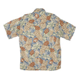PIERRE CARDIN Mens Beige & Blue Leaf Pattern Shirt M Rayon Lightweight Casual