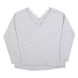 JIGSAW Womens Grey Wool Patterned V-Neck Basic Knit L Jumper Lace Trim Soft
