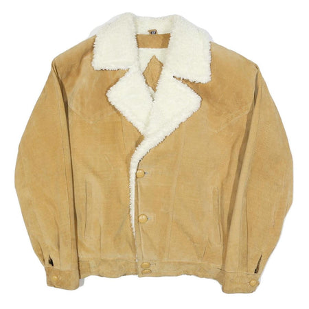 Mens Beige Suede Shearling Coat M Suede Sherpa Lined Button Closure Warm Winter
