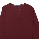 TOMMY HILFIGER Boys Maroon Plain V Neck Basic Knit Jumper L Cotton Blend