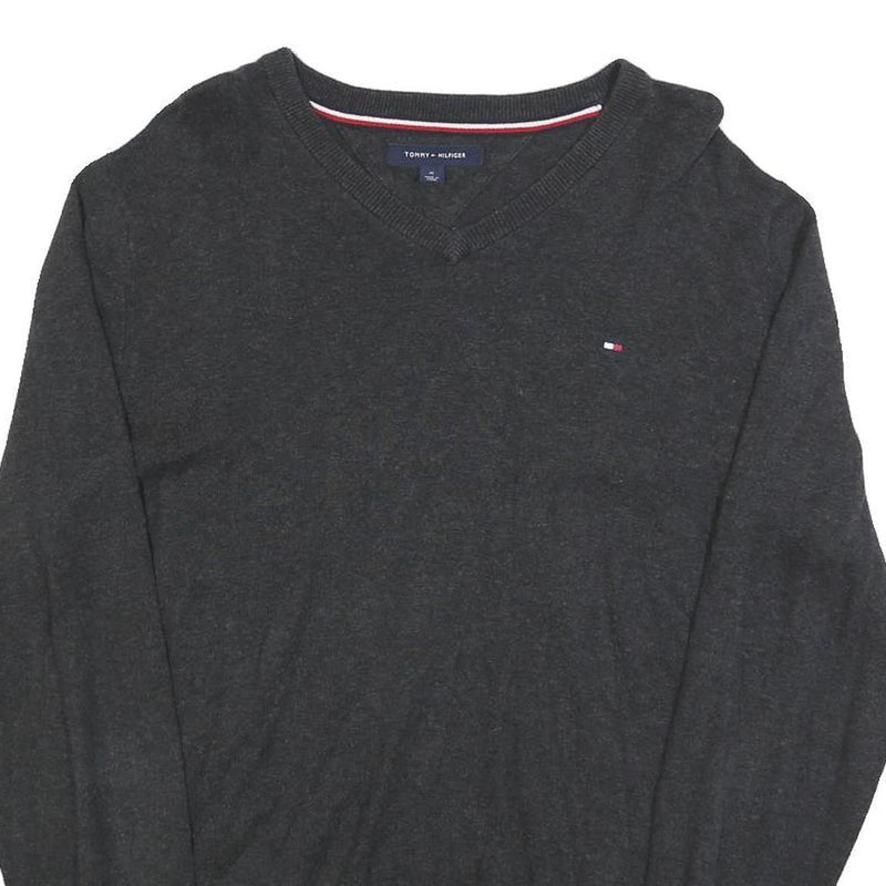 TOMMY HILFIGER Mens Charcoal Plain Cotton V Neck Basic Knit Jumper M Classic