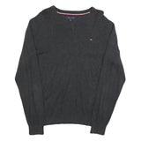 TOMMY HILFIGER Mens Charcoal Plain Cotton V Neck Basic Knit Jumper M Classic