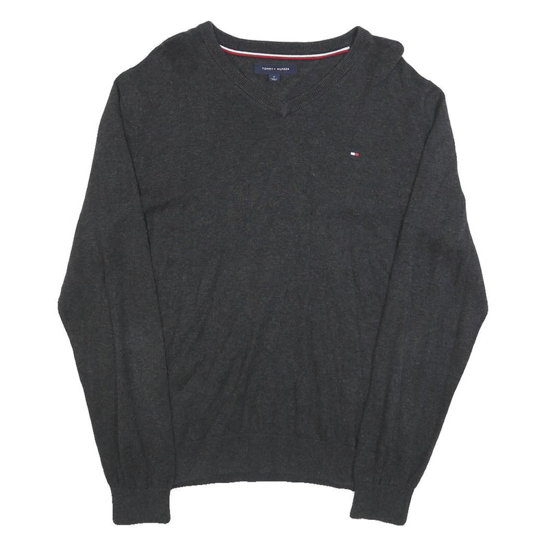 TOMMY HILFIGER Mens Charcoal Plain Cotton V Neck Basic Knit Jumper M Classic