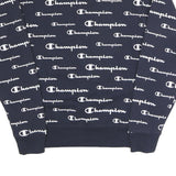 CHAMPION Mens Navy Blue All Over Logo Crew Neck M Cotton Blend Sweatshirt