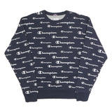 CHAMPION Mens Navy Blue All Over Logo Crew Neck M Cotton Blend Sweatshirt