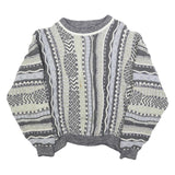 Womens Grey & Cream Patterned Cotton Blend Jumper Crew Neck Chunky Knit M Casual