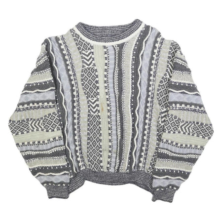 Womens Grey & Cream Patterned Cotton Blend Jumper Crew Neck Chunky Knit M Casual