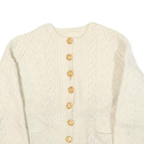 Womens Cream Cable Knit Wool Patterned Jumper Round Neck Button Up XS Wool