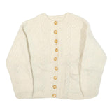Womens Cream Cable Knit Wool Patterned Jumper Round Neck Button Up XS Wool
