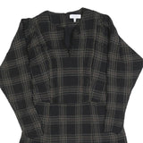 REISS Womens Black Check Day Cotton Blend Dress UK 14 V-Neck Ruffle Hem