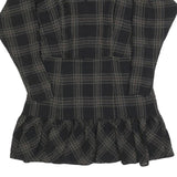 REISS Womens Black Check Day Cotton Blend Dress UK 14 V-Neck Ruffle Hem