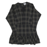 REISS Womens Black Check Day Cotton Blend Dress UK 14 V-Neck Ruffle Hem