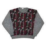 Mens Grey & Maroon Patterned Jumper Crew Neck Basic Knit L Acrylic Blend Casual