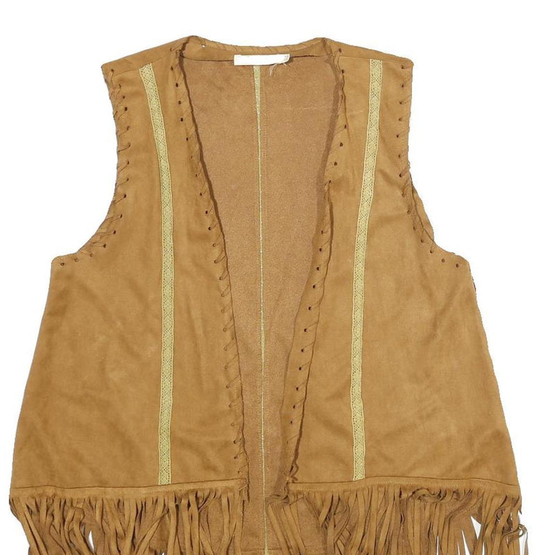 CHERRY PARIS Womens Beige Faux Suede Fringe Vest XS Woven Sleeveless Stylish