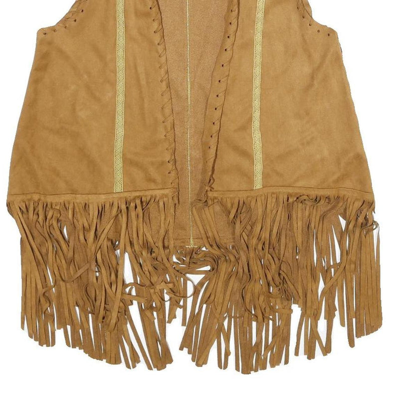 CHERRY PARIS Womens Beige Faux Suede Fringe Vest XS Woven Sleeveless Stylish