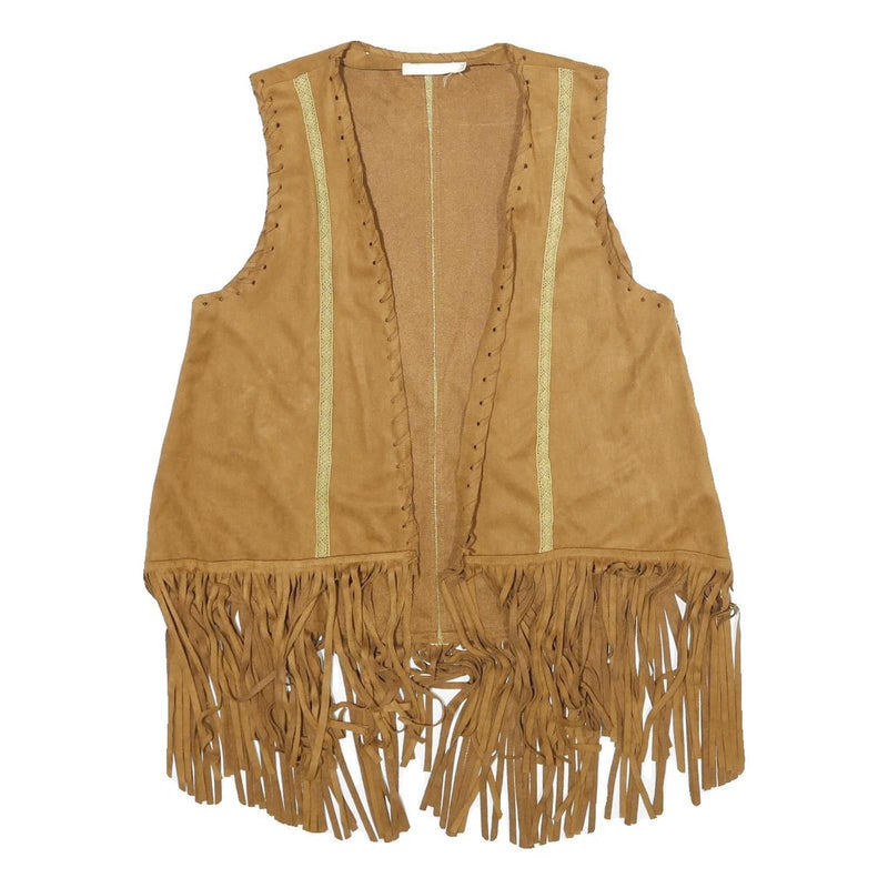 CHERRY PARIS Womens Beige Faux Suede Fringe Vest XS Woven Sleeveless Stylish