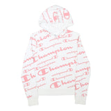CHAMPION Girls White & Pink All Over Logo Print Pullover Hoodie XL