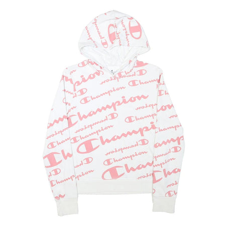 CHAMPION Girls White & Pink All Over Logo Print Pullover Hoodie XL