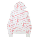 CHAMPION Girls White & Pink All Over Logo Print Pullover Hoodie XL
