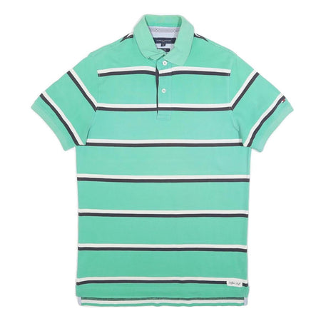 TOMMY HILFIGER Mens Green & White Striped Short Sleeve Polo Shirt M Cotton Blend