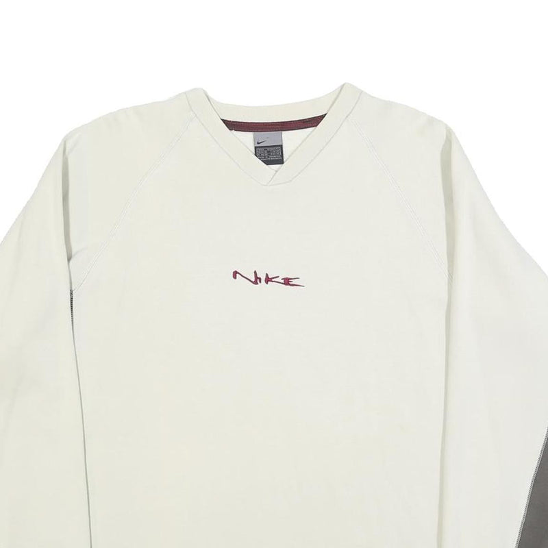 NIKE Mens Cream & Grey V-Neck S Sweatshirt Cotton Blend Pullover Long Sleeve