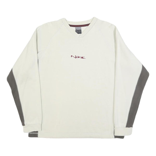 NIKE Mens Cream & Grey V-Neck S Sweatshirt Cotton Blend Pullover Long Sleeve