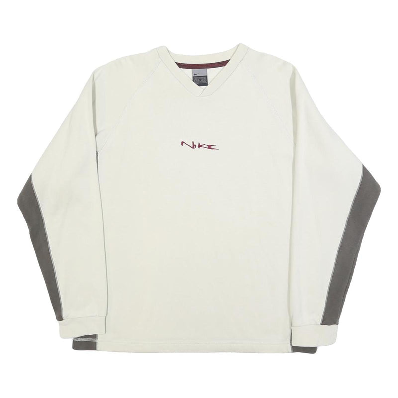 NIKE Mens Cream & Grey V-Neck S Sweatshirt Cotton Blend Pullover Long Sleeve