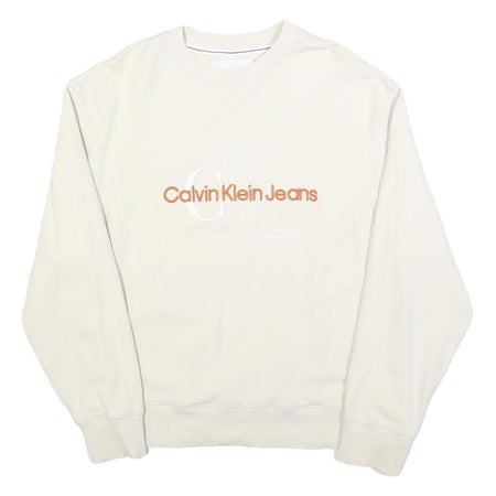 CALVIN KLEIN JEANS Mens Cream Sweatshirt Crew Neck M Cotton Pullover Logo